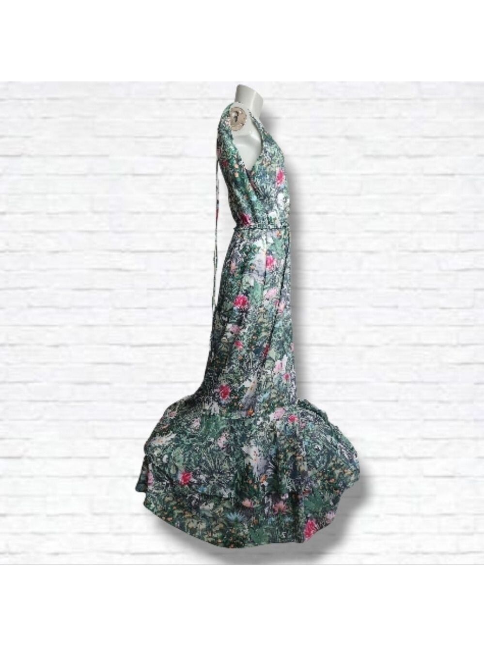 H&M Conscious Collection Green Tropical Print Floor Length Dress Size 10 - Picture 6 of 14